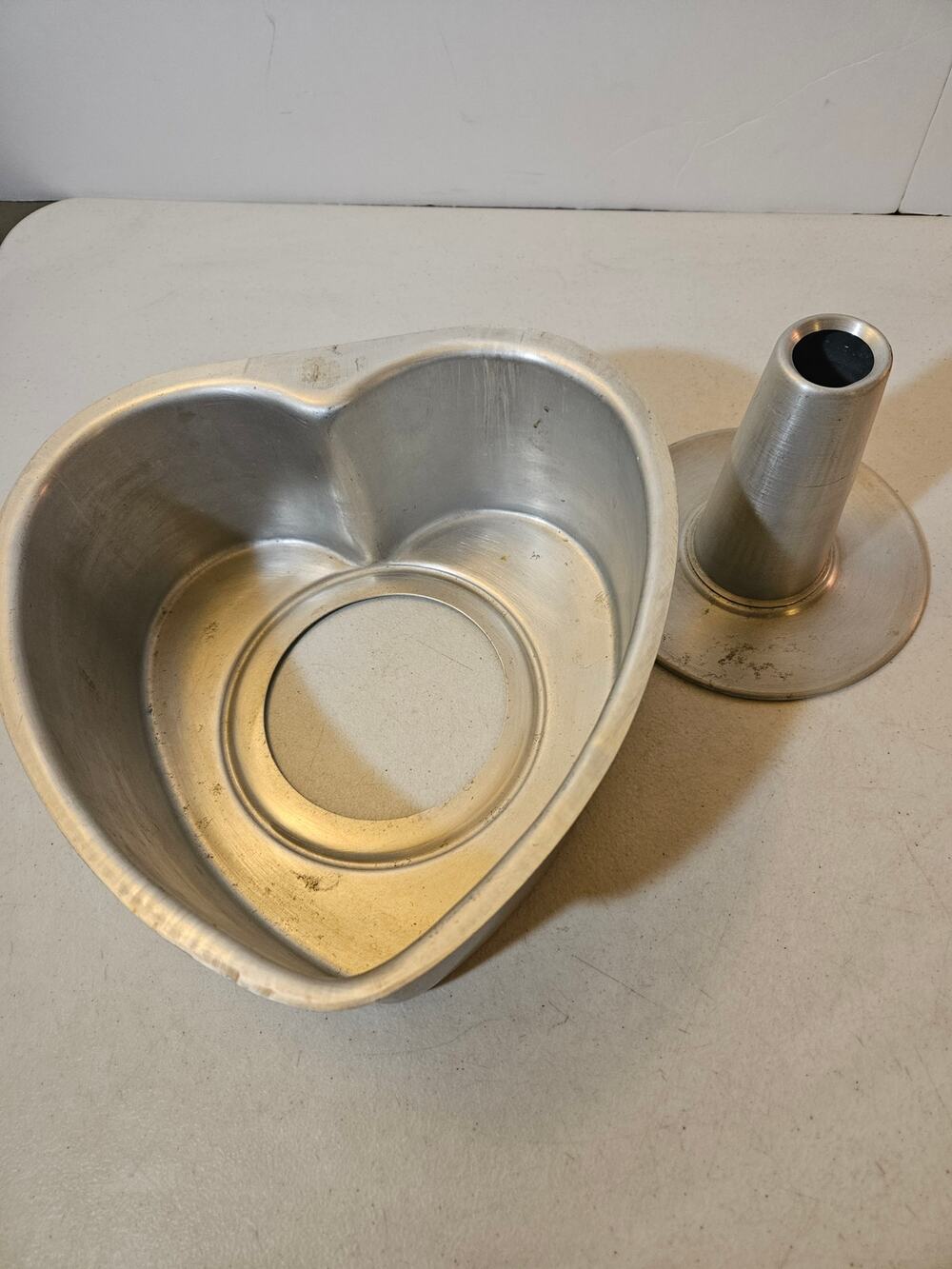 Vintage heart shaped aluminum tube cake pan with removable center by Walker Ware